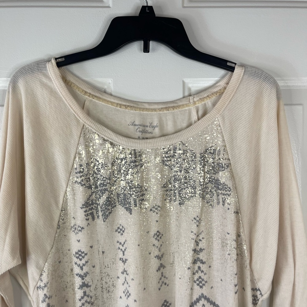 American eagle long sleeve waffle knit in cream and gray. - Picture 5 of 7